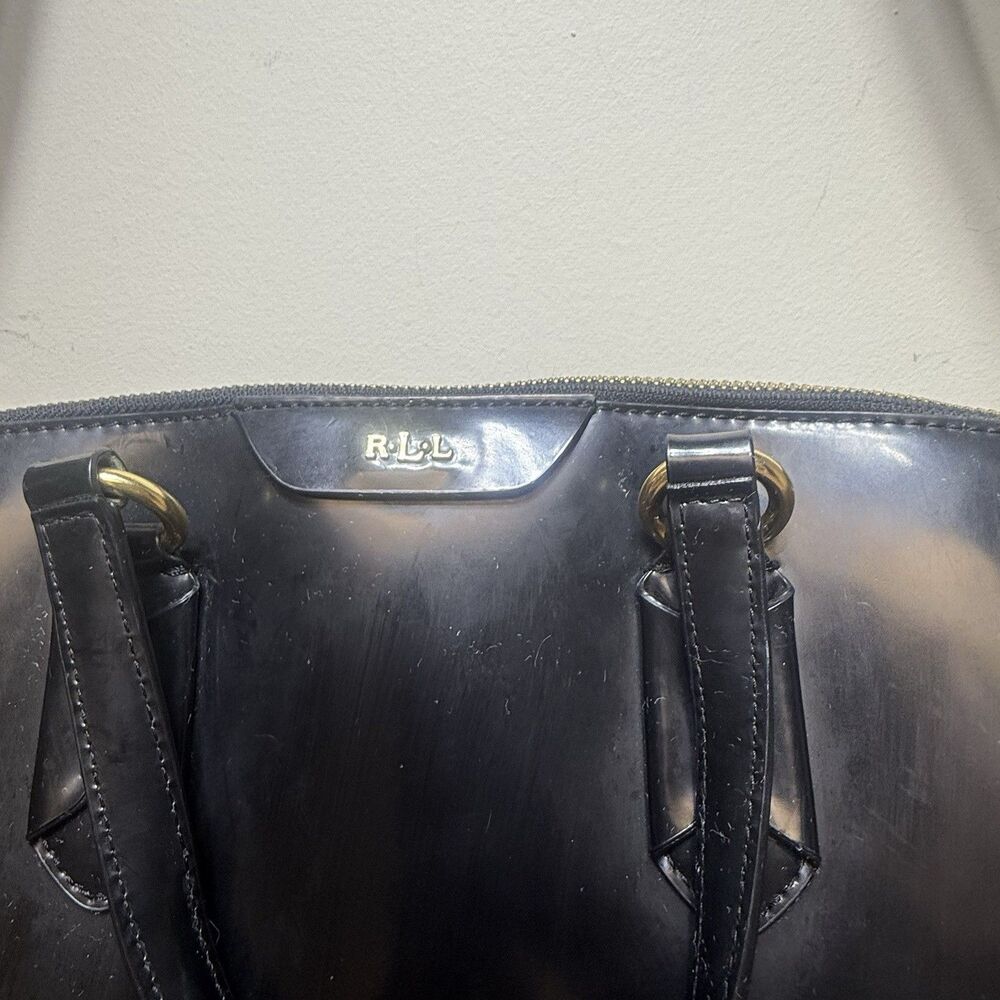 Lauren Ralph Lauren RLL Vintage Black Patent Faux Leather Satchel Tote Bag - Picture 3 of 12